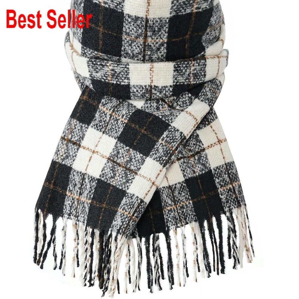 Oversized Cashmere Feel Plaid Scarf Tassel Shawl Warm Winter Wrap Chic